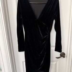 Black Velvet Long-Sleeve V-Neck Dress